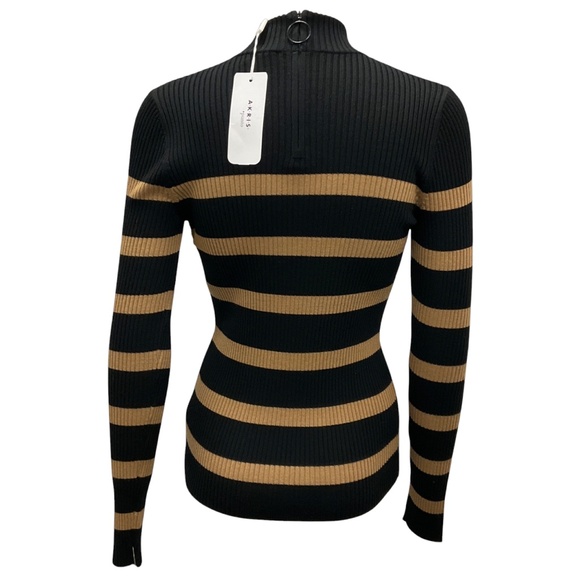 AKRIS PUNTO BLACK / CARAMEL RIBBED WOOL KNIT PULLOVER SWEATER - Picture 3 of 6